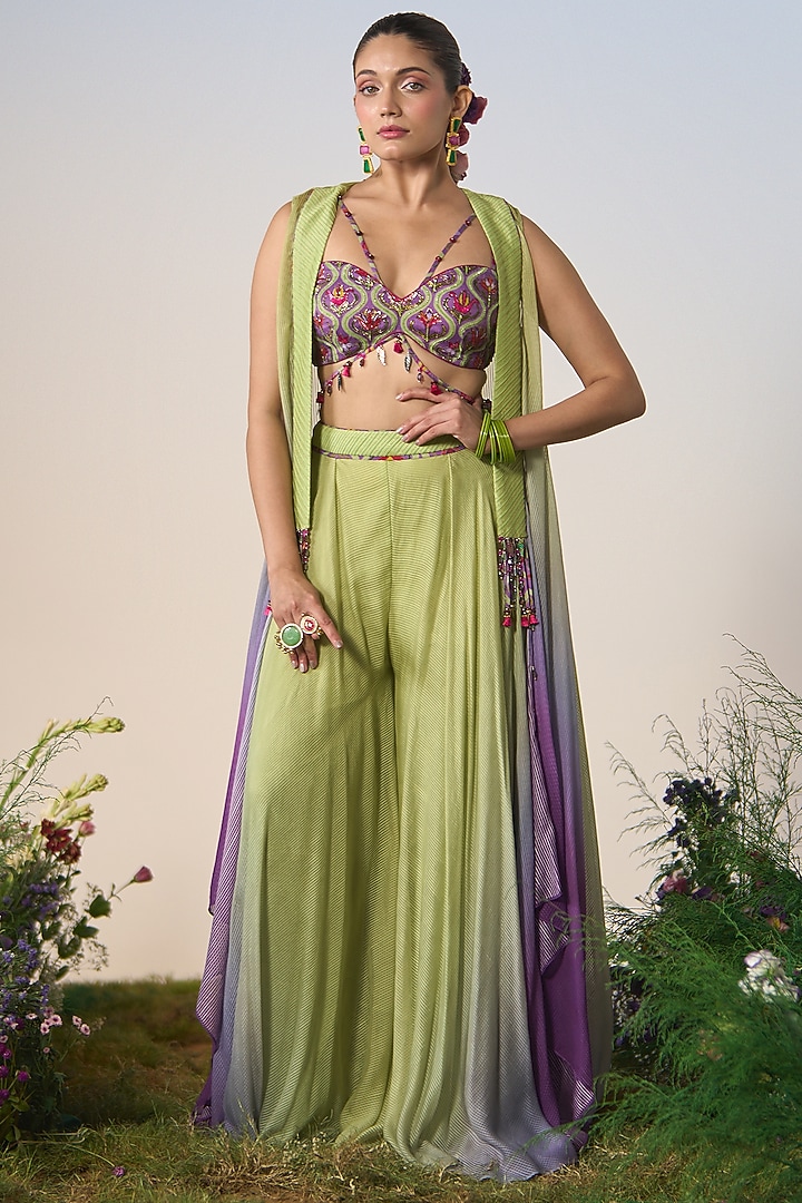 Lilac & Mint Ombre Satin Sequin & Cutdana Embroidered Wedding Sharara Set by Shashank Arya at Pernia's Pop Up Shop