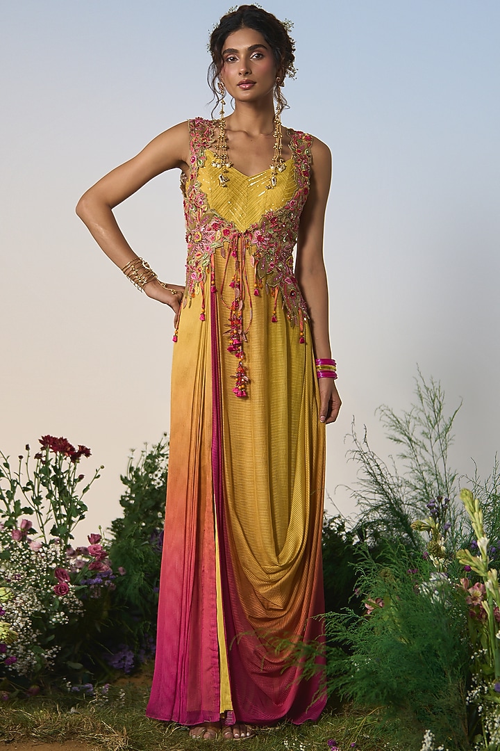 Yellow & Pink Ombre Organza Resham & Sequin Embroidered Kurta Set by Shashank Arya at Pernia's Pop Up Shop