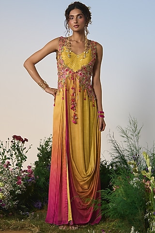Yellow & Pink Ombre Organza Resham & Sequin Embroidered Kurta Set by Shashank Arya