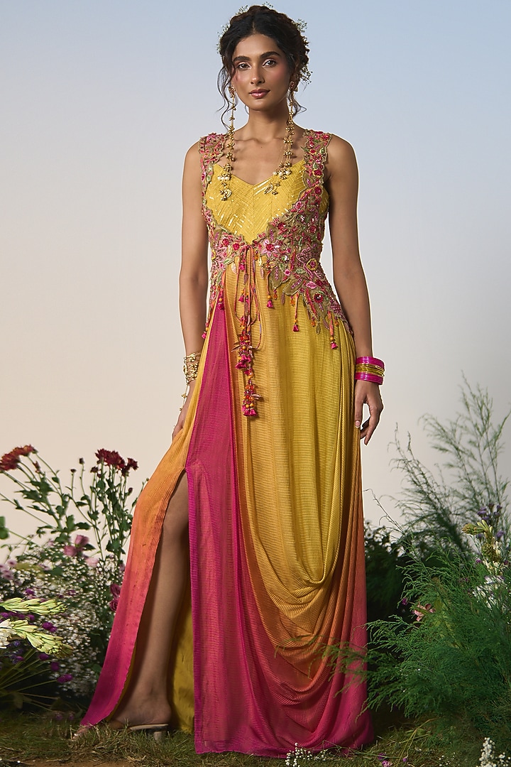 Yellow & Pink Ombre Organza Resham & Sequin Embroidered Kurta Set by Shashank Arya at Pernia's Pop Up Shop
