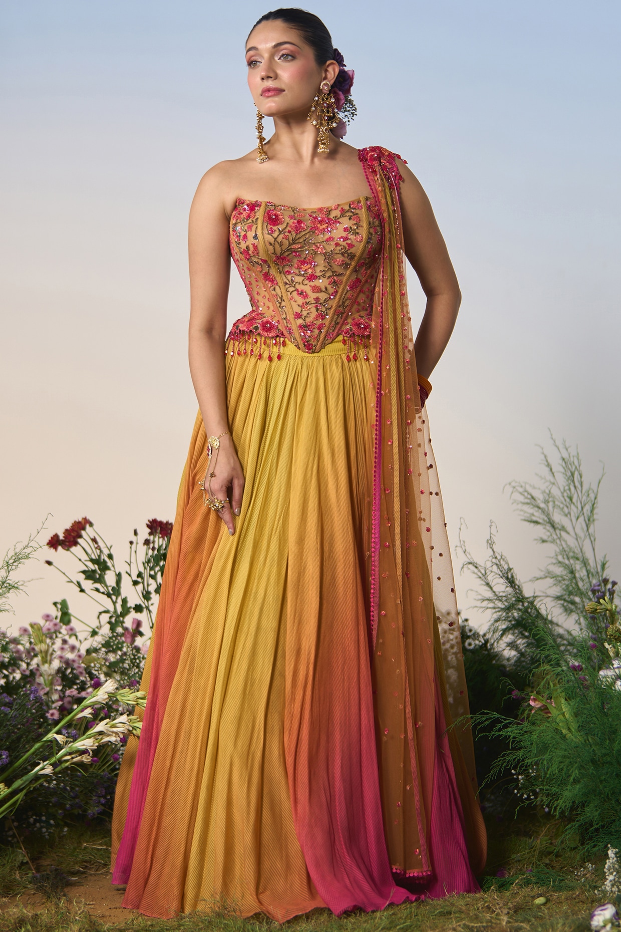Shashank Arya Yellow & Pink Ombre Striped Georgette Resham & Sequin Embroidered Lehenga Set