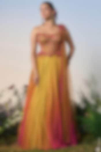 Yellow & Pink Ombre Striped Georgette Resham & Sequin Embroidered Wedding Lehenga Set by Shashank Arya at Pernia's Pop Up Shop