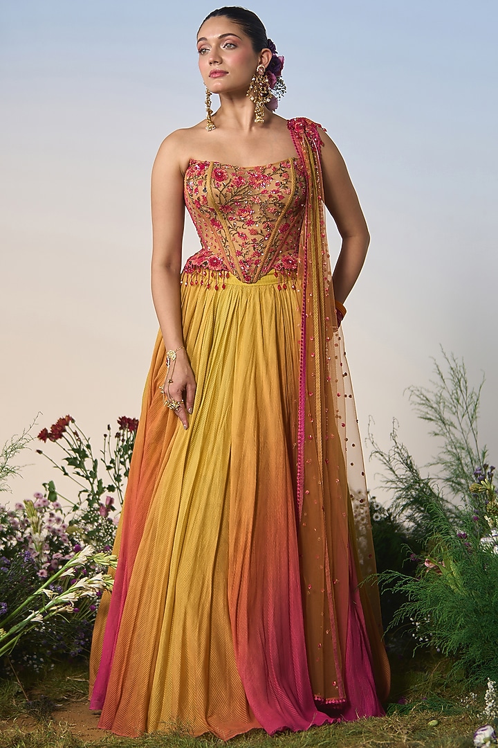 Yellow & Pink Ombre Striped Georgette Resham & Sequin Embroidered Wedding Lehenga Set by Shashank Arya at Pernia's Pop Up Shop