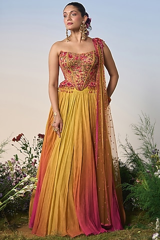 Yellow & Pink Ombre Striped Georgette Resham & Sequin Embroidered Lehenga Set by Shashank Arya