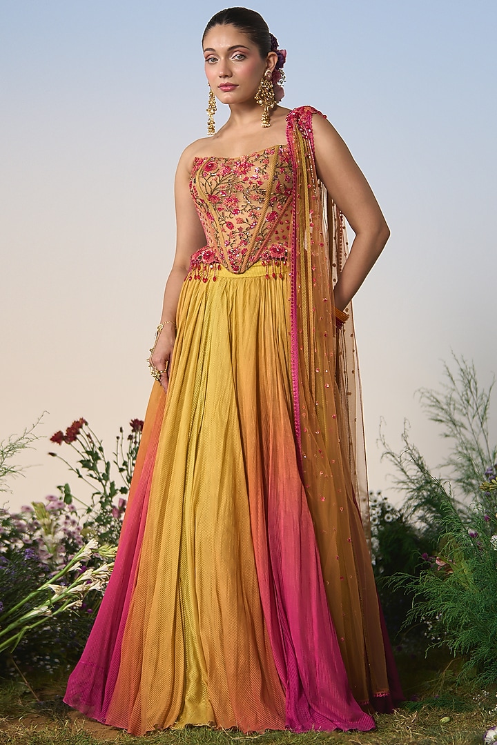 Yellow & Pink Ombre Striped Georgette Resham & Sequin Embroidered Wedding Lehenga Set by Shashank Arya at Pernia's Pop Up Shop