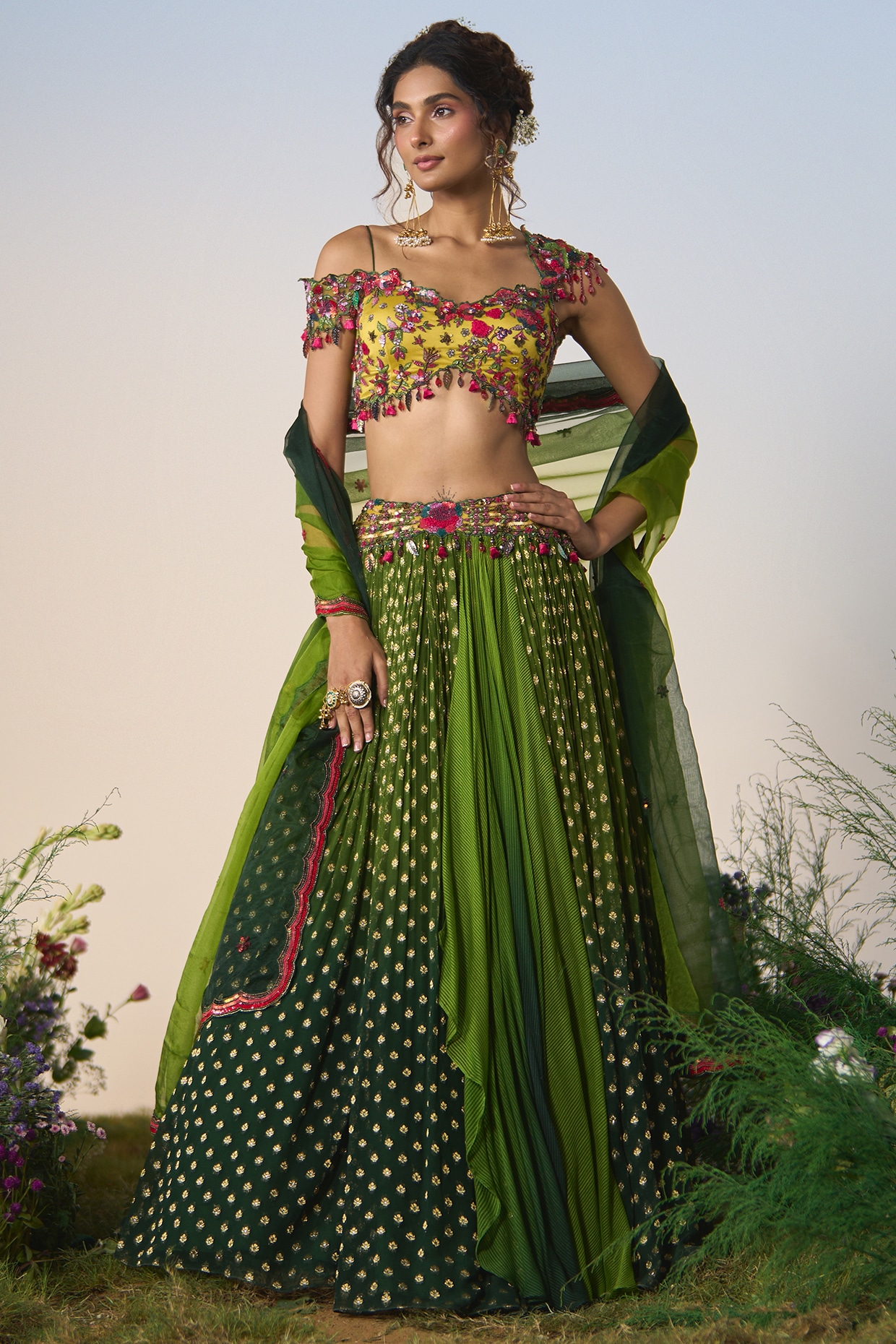 Shashank Arya Green & Yellow Brocade Resham & Sequin Embroidered Draped Lehenga Set