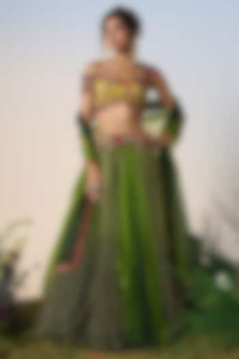 Green & Yellow Brocade Resham & Sequin Embroidered Draped Wedding Lehenga Set by Shashank Arya at Pernia's Pop Up Shop