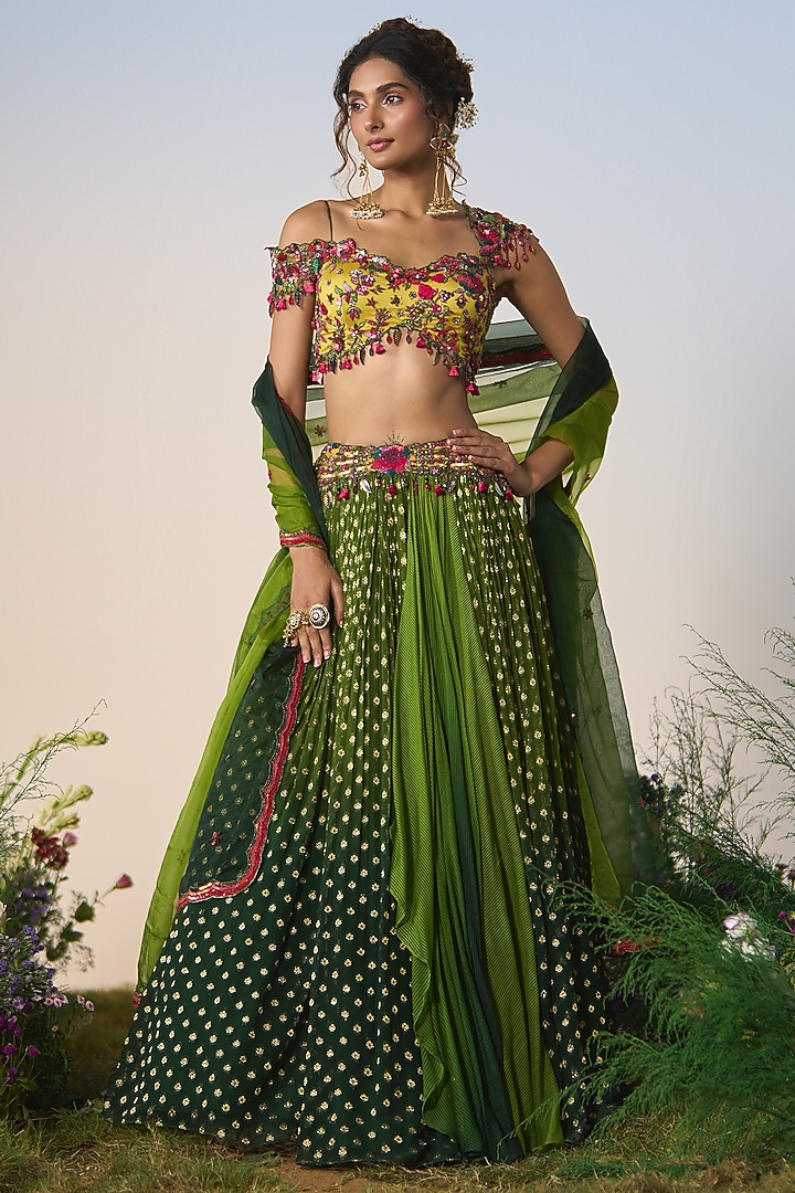 Green & Yellow Brocade Resham & Sequin Embroidered Draped Wedding Lehenga Set by Shashank Arya at Pernia's Pop Up Shop
