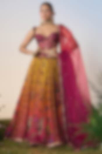 Yellow & Pink Ombre Printed Organza Sequin & Cutdana Embroidered Wedding Lehenga Set by Shashank Arya at Pernia's Pop Up Shop