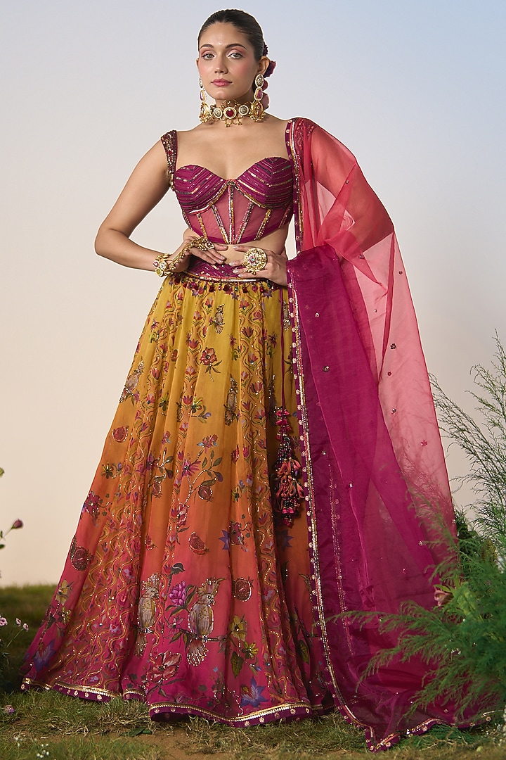 Yellow & Pink Ombre Printed Organza Sequin & Cutdana Embroidered Wedding Lehenga Set by Shashank Arya at Pernia's Pop Up Shop