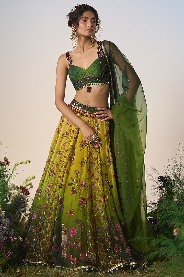 Green & Yellow Ombre Organza Embroidered Wedding Lehenga Set by Shashank Arya at Pernia's Pop Up Shop