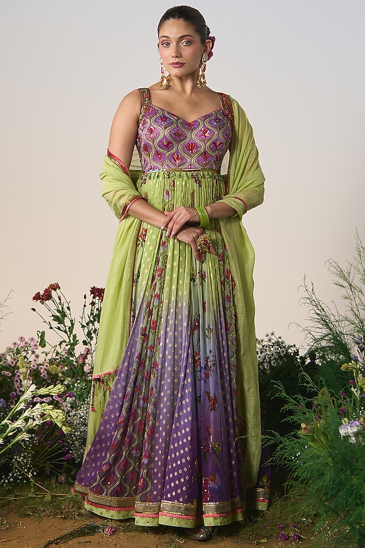 Lilac & Mint Organza Sequin & Cutdana Embroidered Bridal Anarkali Set by Shashank Arya at Pernia's Pop Up Shop
