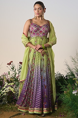 Lilac & Mint Organza Sequin & Cutdana Embroidered Anarkali Set by Shashank Arya