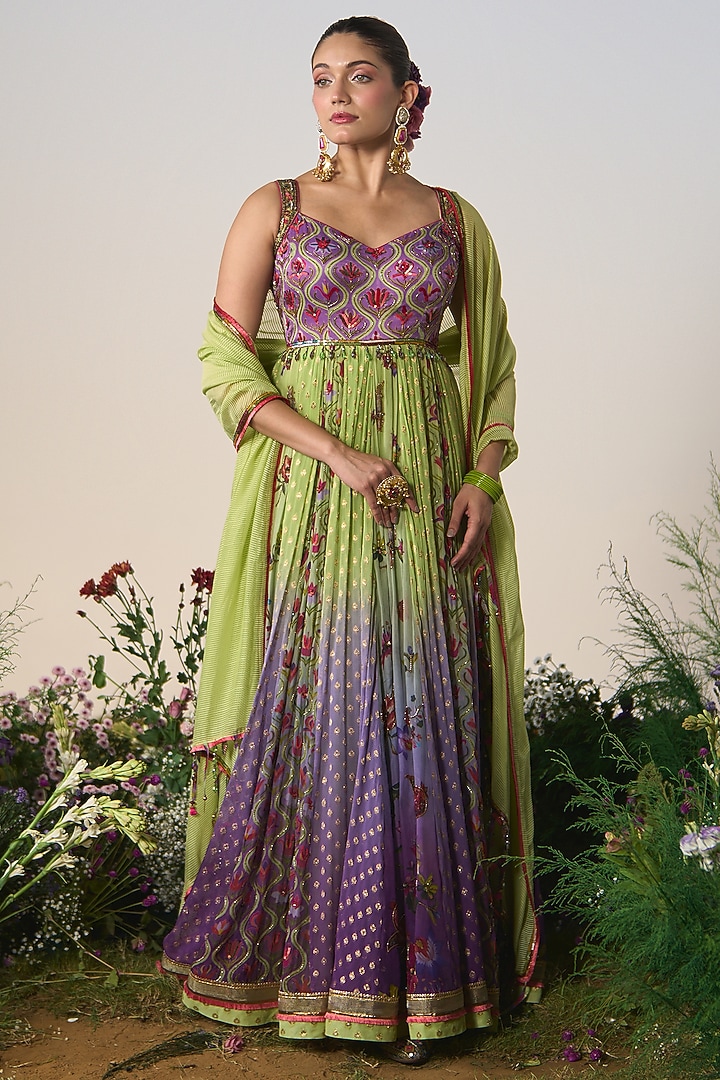 Lilac & Mint Organza Sequin & Cutdana Embroidered Bridal Anarkali Set by Shashank Arya at Pernia's Pop Up Shop