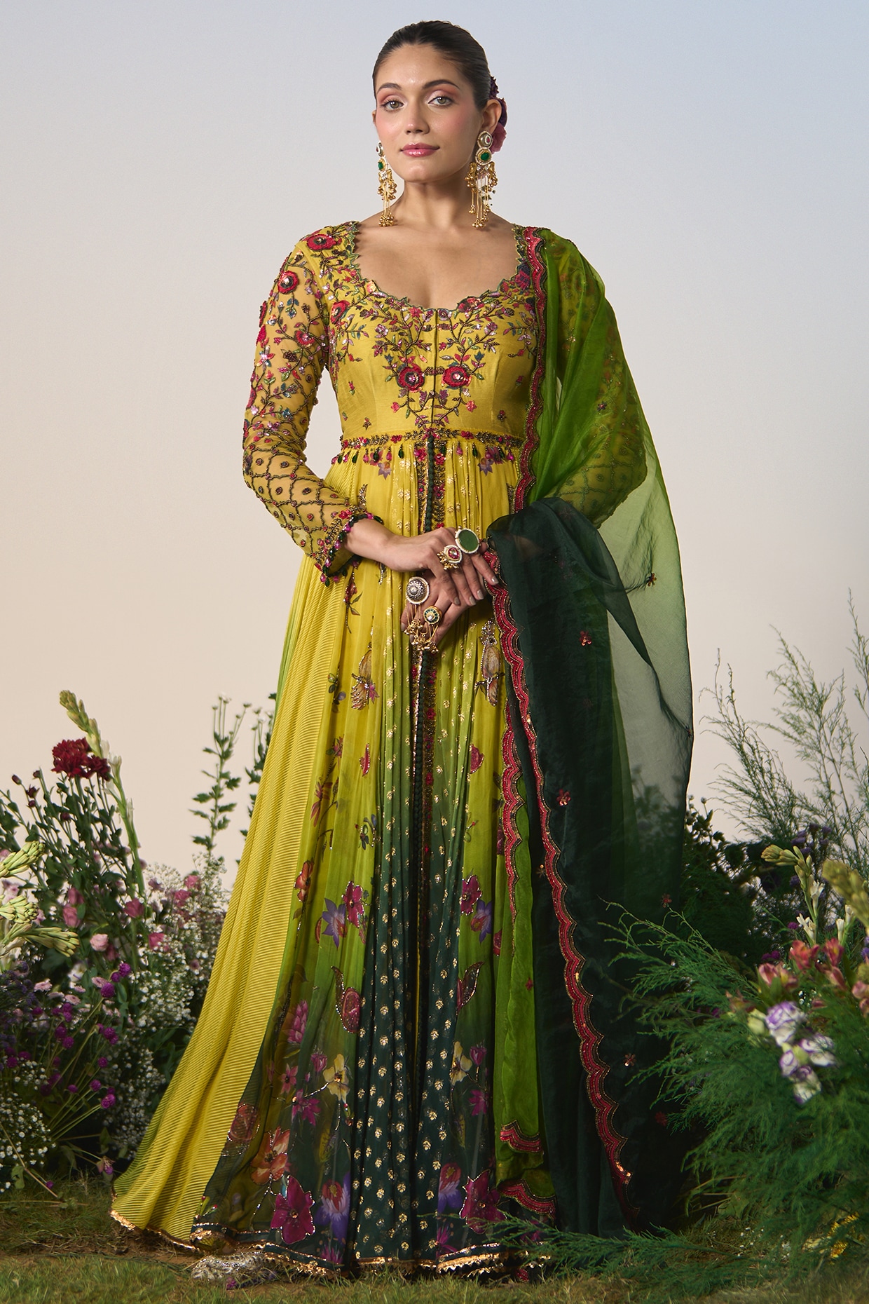 Shashank Arya Green & Yellow Organza Resham & Sequin Embroidered Anarkali Set
