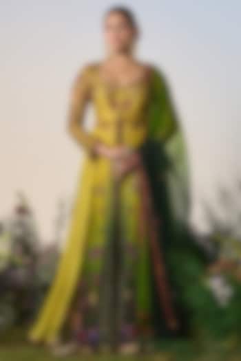 Green & Yellow Organza Resham & Sequin Embroidered Bridal Anarkali Set by Shashank Arya at Pernia's Pop Up Shop
