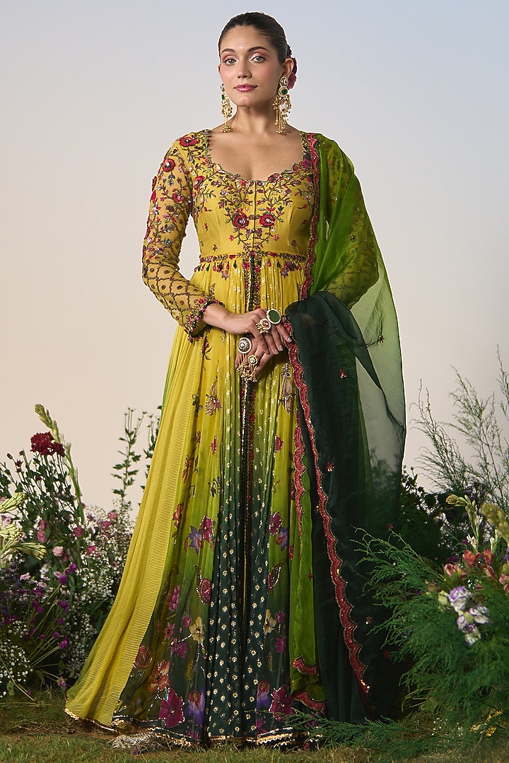Green & Yellow Organza Resham & Sequin Embroidered Bridal Anarkali Set by Shashank Arya at Pernia's Pop Up Shop