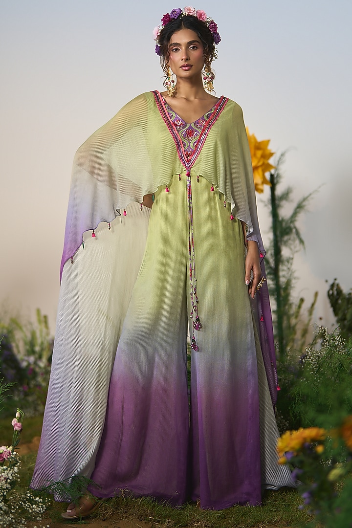 Lilac & Mint Ombre Satin & Chiffon Cutdana Embroidered Jumpsuit by Shashank Arya at Pernia's Pop Up Shop