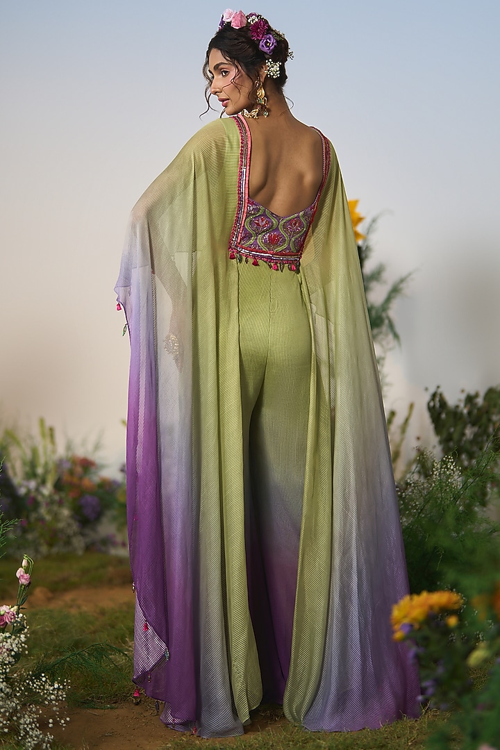 Lilac & Mint Ombre Satin & Chiffon Cutdana Embroidered Jumpsuit by Shashank Arya at Pernia's Pop Up Shop