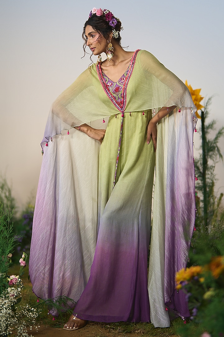 Lilac & Mint Ombre Satin & Chiffon Cutdana Embroidered Jumpsuit by Shashank Arya at Pernia's Pop Up Shop