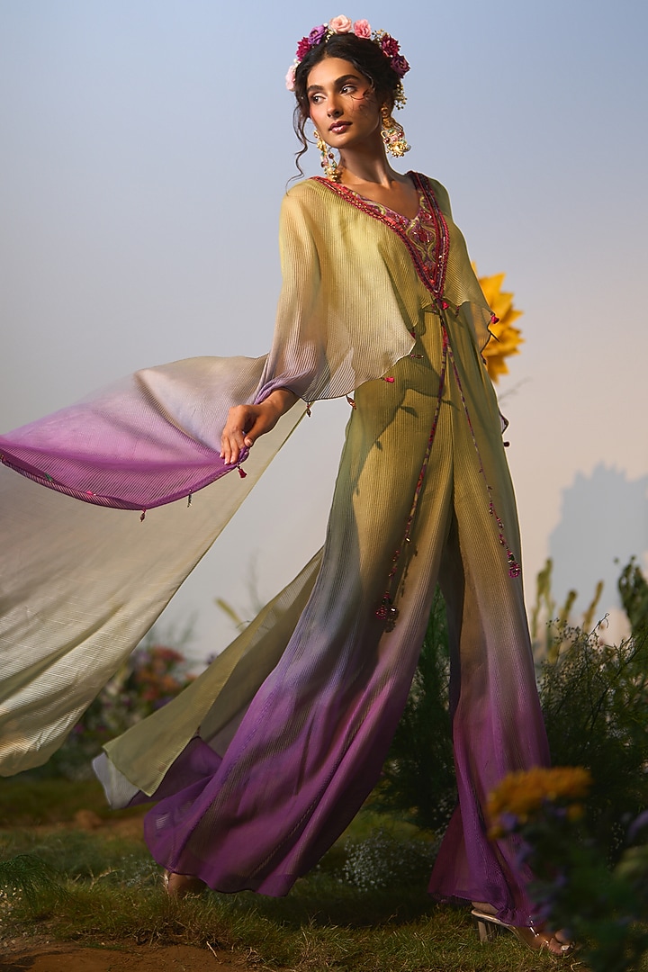 Lilac & Mint Ombre Satin & Chiffon Cutdana Embroidered Jumpsuit by Shashank Arya at Pernia's Pop Up Shop
