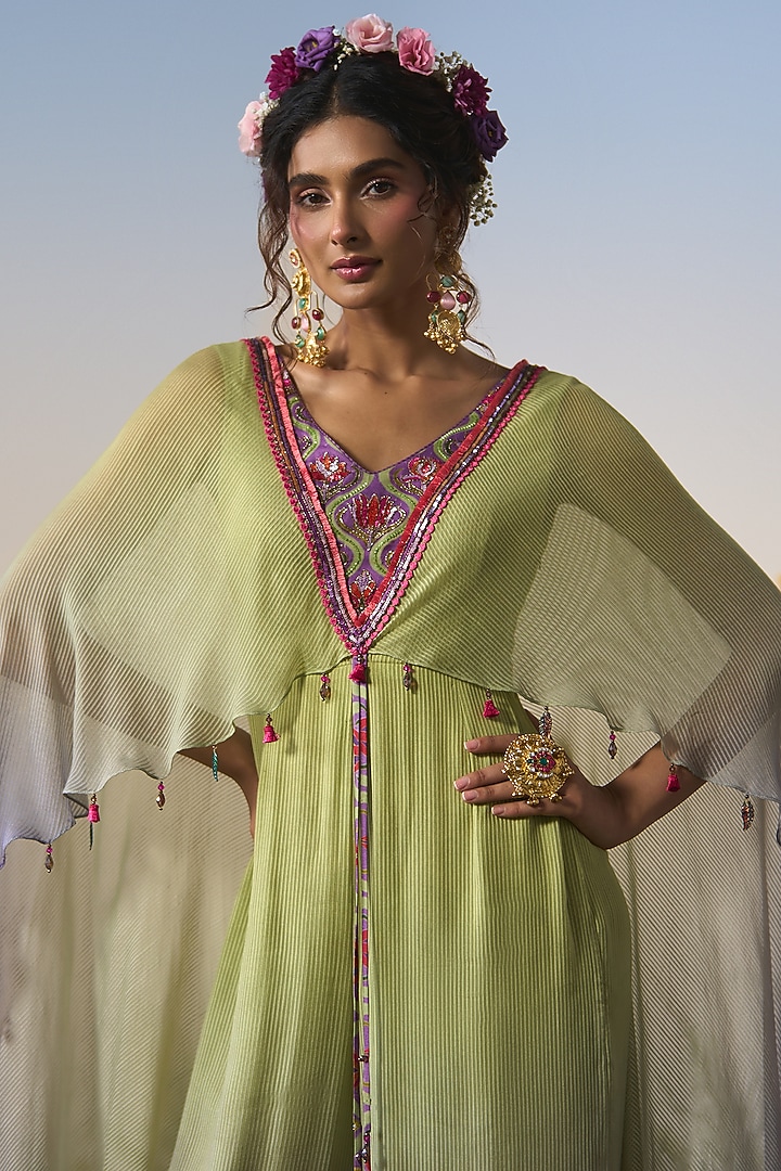 Lilac & Mint Ombre Satin & Chiffon Cutdana Embroidered Jumpsuit by Shashank Arya at Pernia's Pop Up Shop