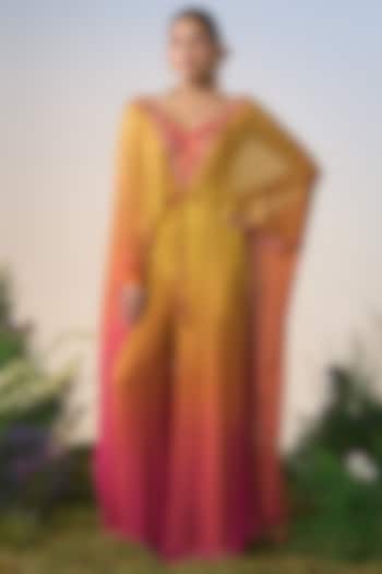 Yellow & Pink Ombre Satin & Chiffon Cutdana Embroidered Jumpsuit by Shashank Arya at Pernia's Pop Up Shop