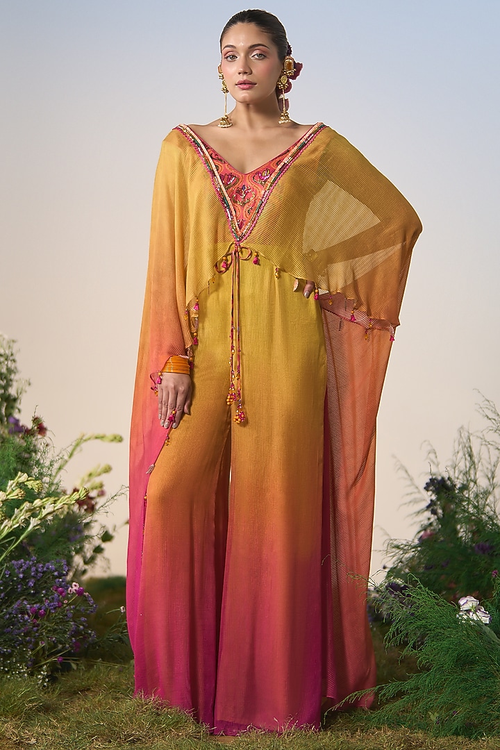 Yellow & Pink Ombre Satin & Chiffon Cutdana Embroidered Jumpsuit by Shashank Arya at Pernia's Pop Up Shop