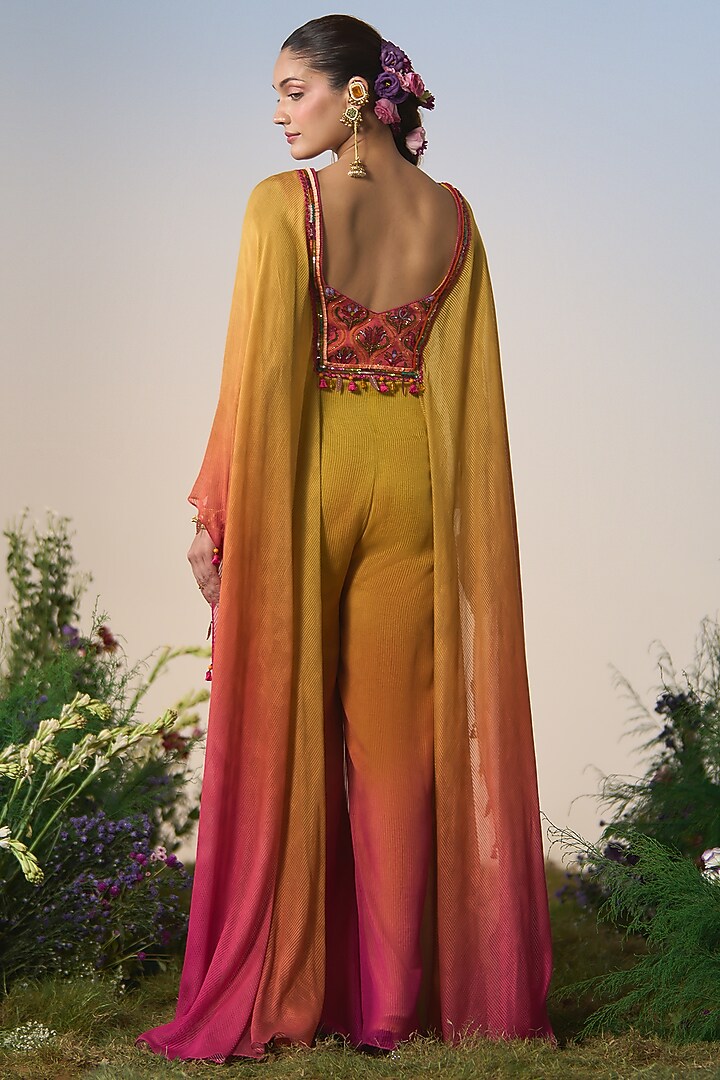 Yellow & Pink Ombre Satin & Chiffon Cutdana Embroidered Jumpsuit by Shashank Arya at Pernia's Pop Up Shop