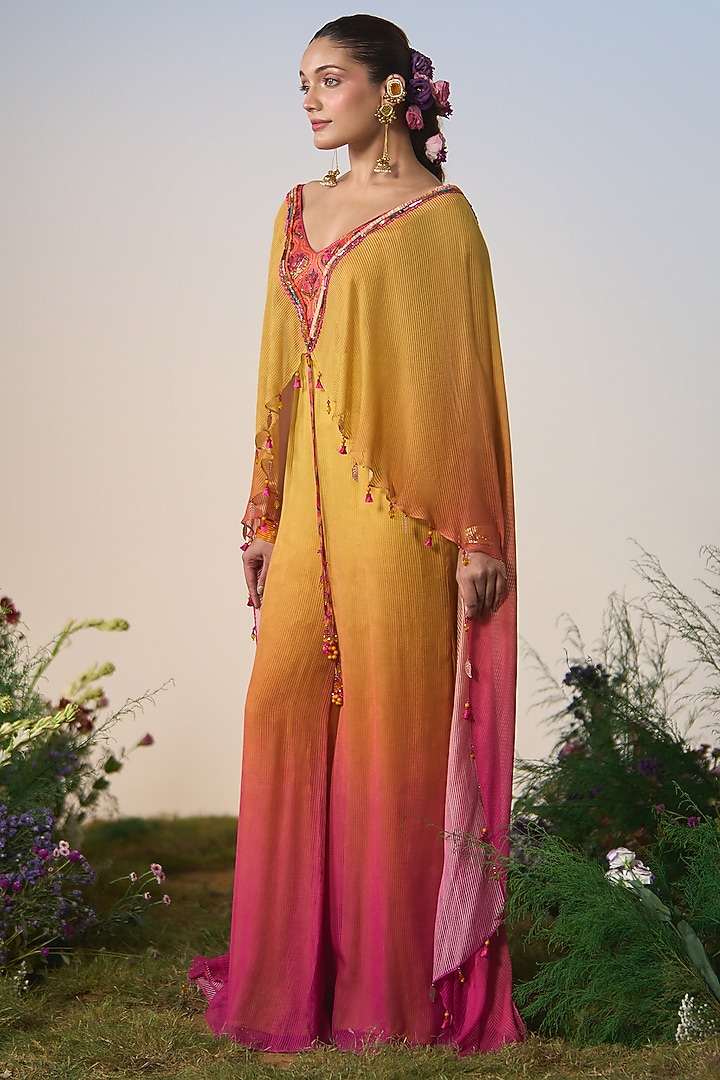 Yellow & Pink Ombre Satin & Chiffon Cutdana Embroidered Jumpsuit by Shashank Arya at Pernia's Pop Up Shop