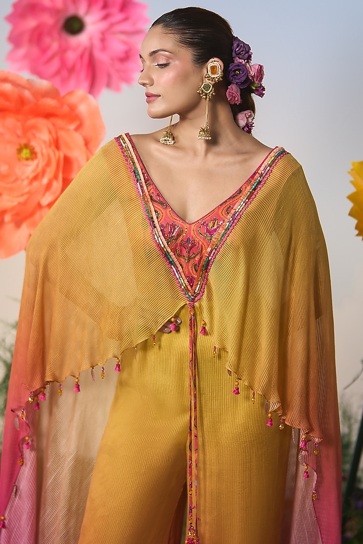 Yellow & Pink Ombre Satin & Chiffon Cutdana Embroidered Jumpsuit by Shashank Arya at Pernia's Pop Up Shop