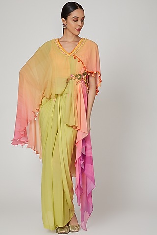 Yellow & Pink Printed Draped Kurta Set by Shashank Arya