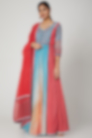 Blue & Coral Printed Draped Wedding Anarkali Set by Shashank Arya at Pernia's Pop Up Shop