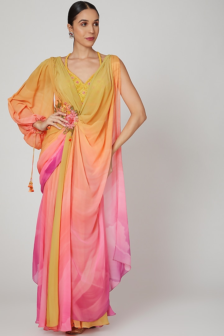 Yellow & Pink Printed Concept Wedding Saree Set by Shashank Arya at Pernia's Pop Up Shop