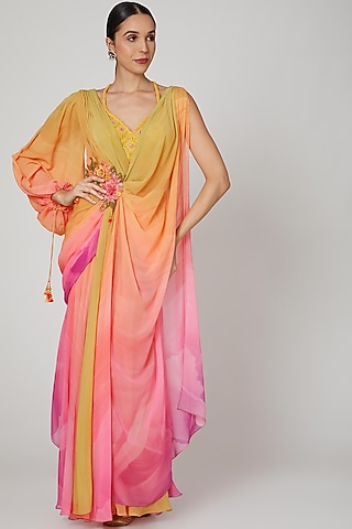 Yellow & Pink Printed Concept Saree Set by Shashank Arya