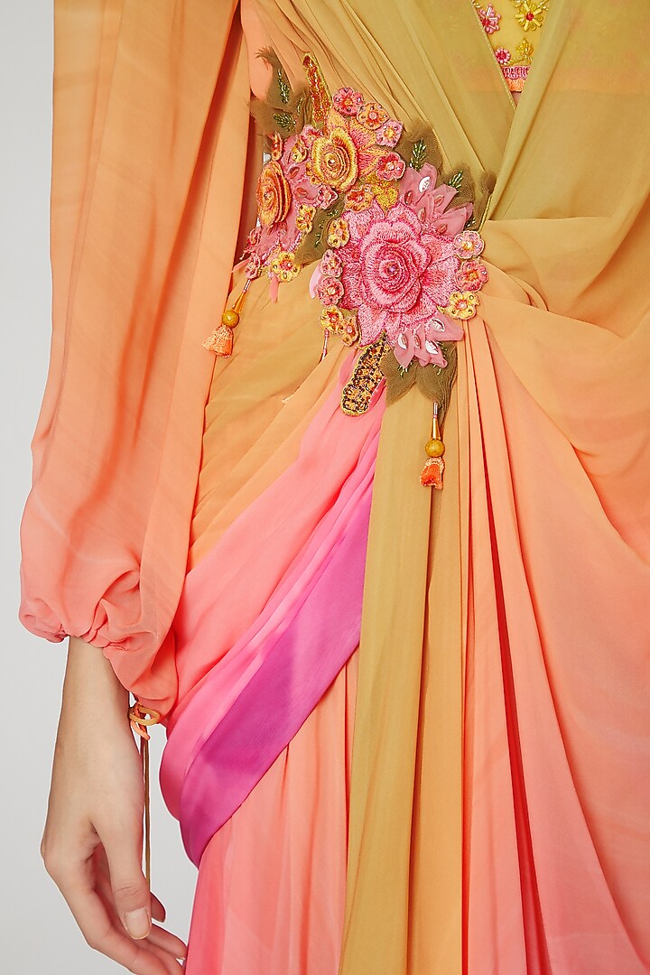 Yellow & Pink Printed Concept Wedding Saree Set by Shashank Arya at Pernia's Pop Up Shop