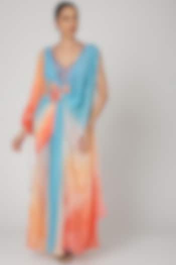 Blue & Coral Flat Chiffon Digital Printed Draped Saree Set by Shashank Arya