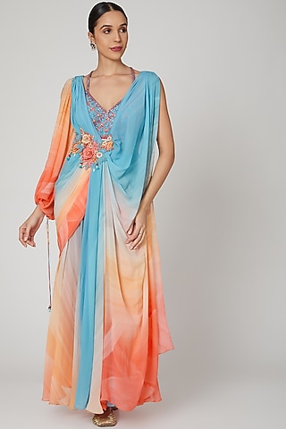 Blue & Coral Flat Chiffon Digital Printed Draped Saree Set by Shashank Arya