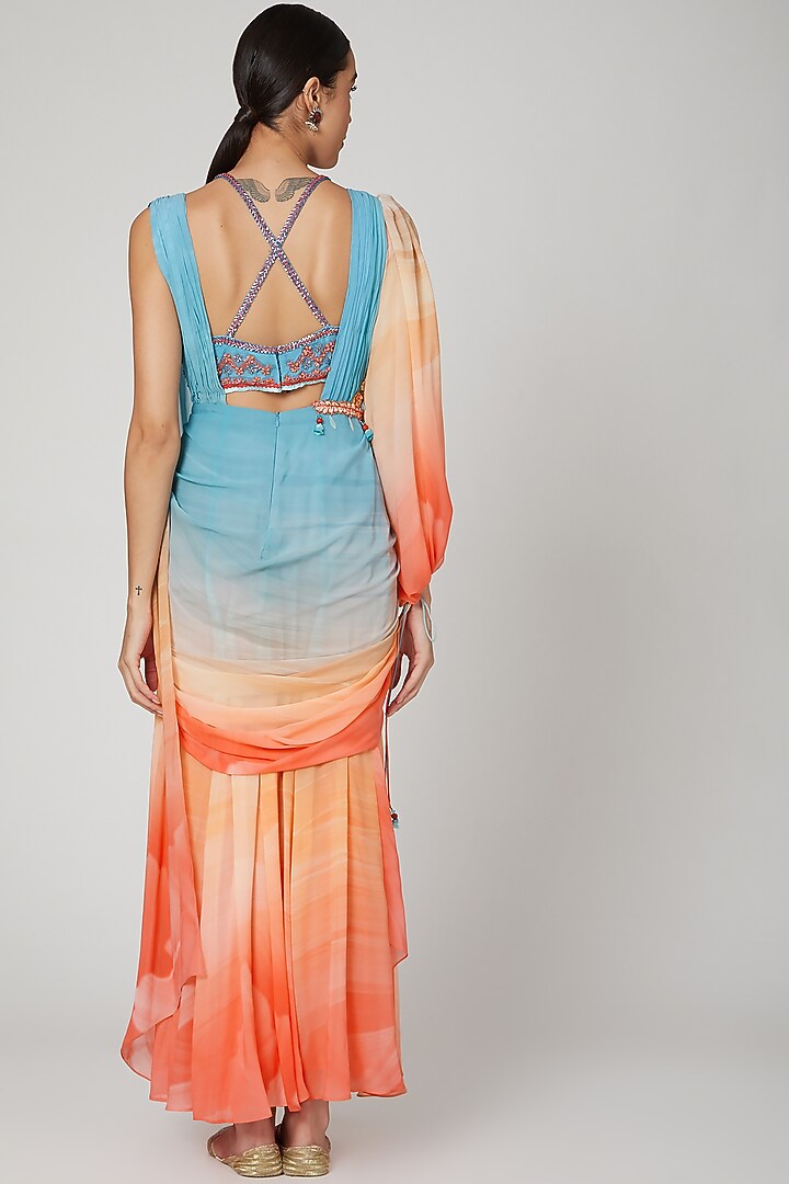 Blue & Coral Flat Chiffon Digital Printed Draped Wedding Saree Set by Shashank Arya at Pernia's Pop Up Shop