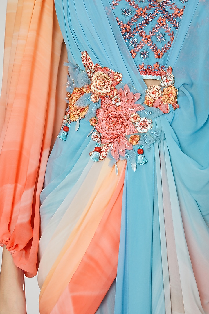 Blue & Coral Flat Chiffon Digital Printed Draped Wedding Saree Set by Shashank Arya at Pernia's Pop Up Shop
