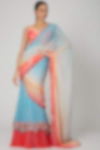 Blue & Coral Georgette Digital Printed Fish-Style Draped Saree Set by Shashank Arya