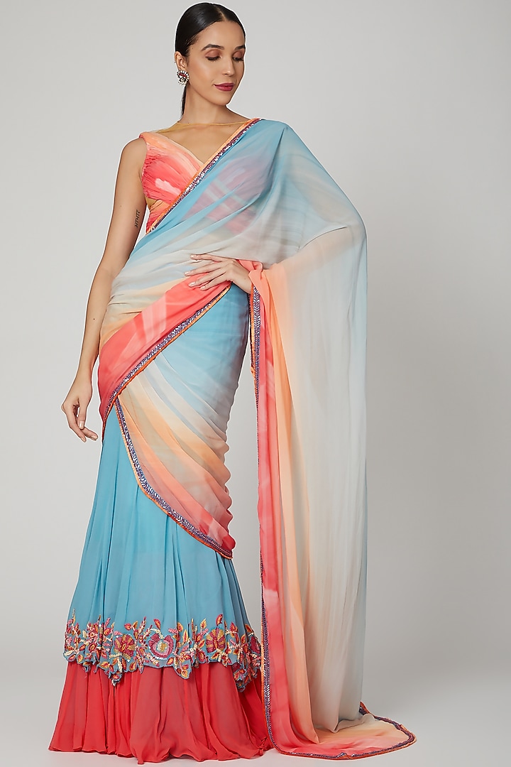 Blue & Coral Georgette Digital Printed Fish-Style Draped Saree Set by Shashank Arya