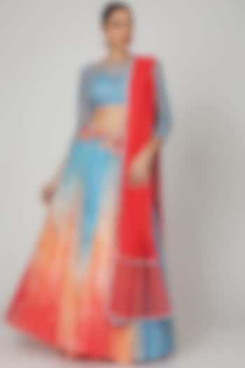 Blue & Coral Printed Wedding Lehenga Set by Shashank Arya at Pernia's Pop Up Shop