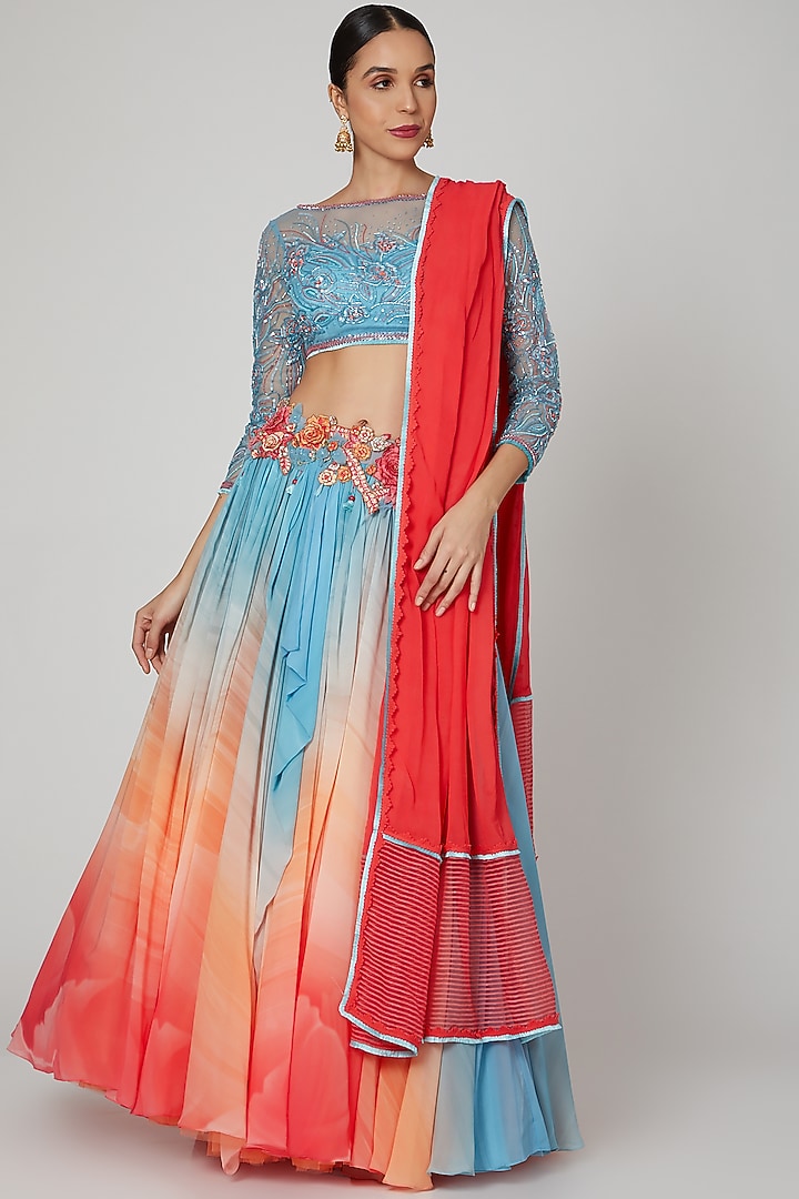 Blue & Coral Printed Wedding Lehenga Set by Shashank Arya at Pernia's Pop Up Shop