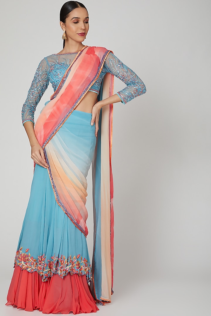 Blue & Pink Georgette Digital Printed Fish-Style Draped Saree Set by Shashank Arya