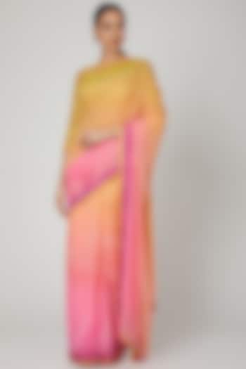 Yellow & Pink Flat Chiffon Tulle Digital Printed Saree Set by Shashank Arya
