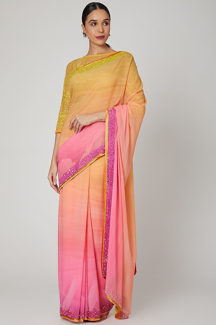 Yellow & Pink Flat Chiffon Tulle Digital Printed Saree Set by Shashank Arya