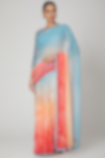Blue & Coral Flat Chiffon Digital Printed Saree Set by Shashank Arya