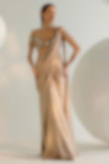 Nude Foiled Hammer Satin Draped Wedding Saree Set by Shashank Arya at Pernia's Pop Up Shop