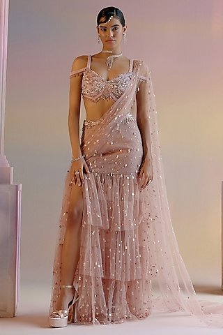 Old Rose Tulle Pearl & Sequin Embellished Layered Saree Set by Shashank Arya